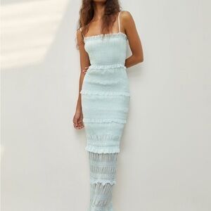 Commense Pale Blue Smocked Maxi Dress with Spaghetti Straps
